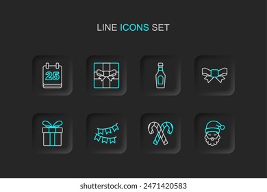 Set line Santa Claus hat and beard, Candy cane with stripes, Carnival garland flags, Gift box, bow, Champagne bottle,  and Christmas day calendar icon. Vector