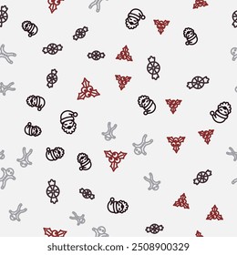 Set line Santa Claus hat and beard, Candy, Holiday gingerbread man cookie and Branch viburnum on seamless pattern. Vector