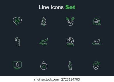 Sombrero y barba de Santa Claus, botella de champán, bola de Navidad, árbol, trineo de Santa Claus, globo de nieve, guirnalda de carnaval con banderas e icono de rayas de caña de caramelo. Vector