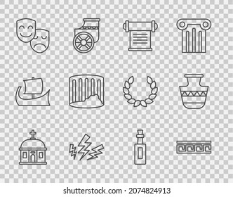Set line Santorini building, Ancient Greek pattern, Decree, parchment, scroll, Zeus, Comedy and tragedy masks, column, Bottle of olive oil and amphorae icon. Vector