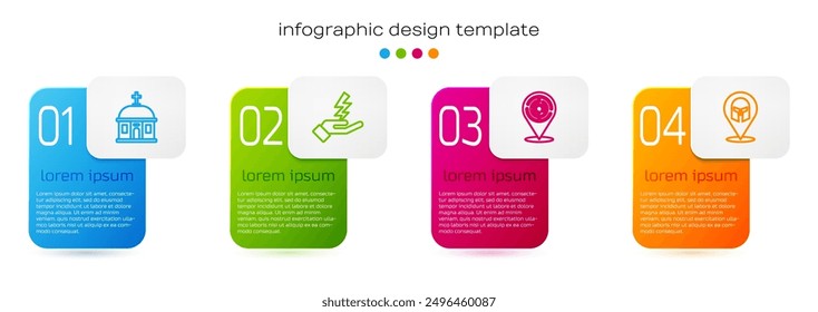 Set line Santorini building, Zeus, Minotaur labyrinth and Greek helmet. Business infographic template. Vector