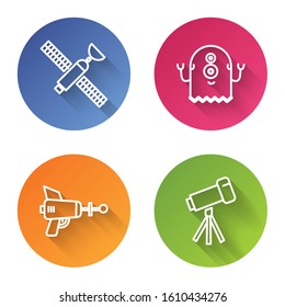 Set line Satellite, Alien, Ray gun and Telescope. Color circle button. Vector
