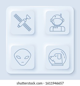 Set line Satellite, Astronaut, Alien and Dog in astronaut helmet. White square button. Vector