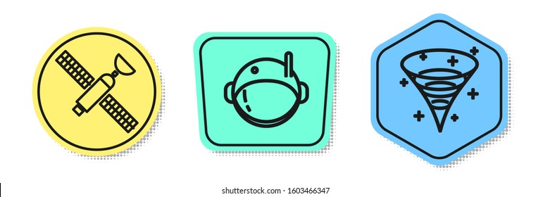 Set line Satellite, Astronaut helmet and Black hole. Colored shapes. Vector