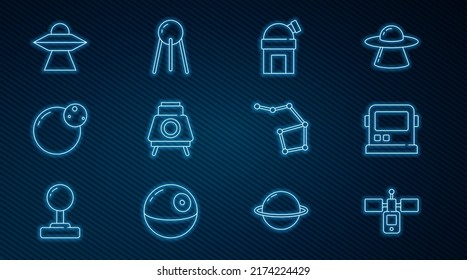 Set line Satellite, Astronaut helmet, Astronomical observatory, Mars rover, Planet, UFO flying spaceship, Great Bear constellation and  icon. Vector