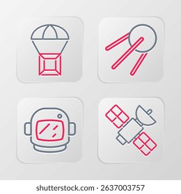 Set line Satellite, Astronaut helmet,  and Box flying parachute icon. Vector