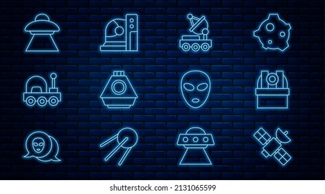 Set line Satellite, Astronomical observatory, Mars rover, Space capsule, UFO flying spaceship, Alien and Astronaut helmet icon. Vector