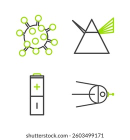 Set line Satellite, Battery, Light rays in prism and Bacteria icon. Vector