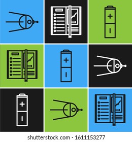Set line Satellite, Battery and Notebook icon. Vector