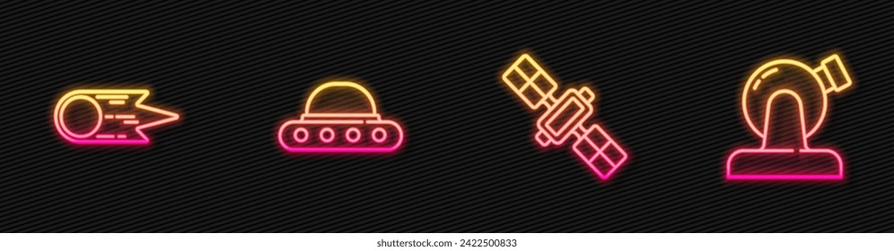 Set-Line Satellite, Comet fällt schnell, UFO fliegende Raumschiff und Astronomische Sternwarte. Leuchtendes Neonsymbol. Vektorgrafik