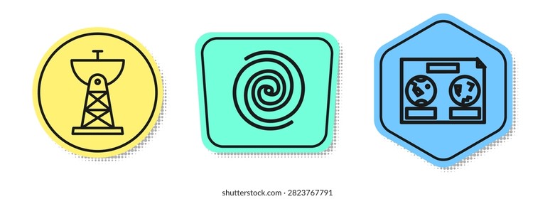 Set line Satellite dish, Black hole and Celestial map of the night sky. Colored shapes. Vector