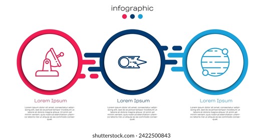 Set line Satellite dish, Comet falling down fast and Planet. Business infographic template. Vector