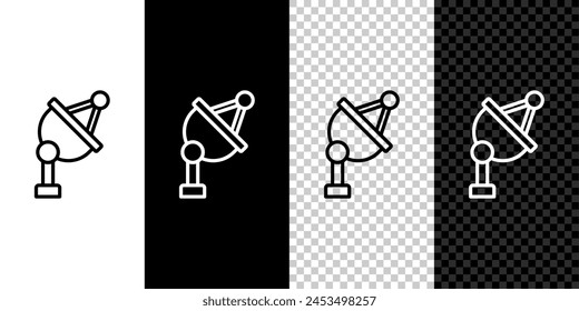 Icono de antena parabólica aislado en blanco y negro, fondo transparente. Antena de radio, astronomía e investigación espacial.  Vector
