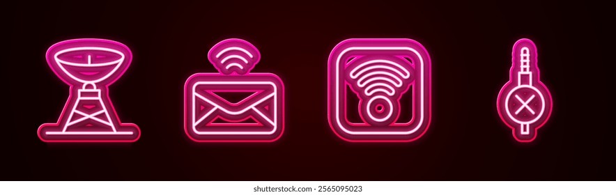 Set line Satellite dish, Mail and e-mail, Wi-Fi wireless internet and No audio jack. Glowing neon icon. Vector