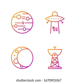 Fije la línea antena parabólica, Luna, Planeta Marte y Planeta. Iconos de color degradado. Vector