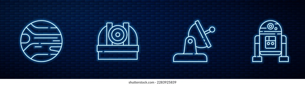 Set line Satellite dish, Planet, Astronomical observatory and Robot. Glowing neon icon on brick wall. Vector