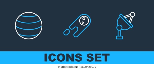 Set line Satellite dish, Planet and Comet falling down fast icon. Vector
