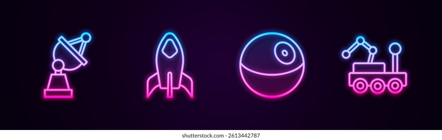 Set line Satellite dish, Rocket ship, Planet and Mars rover. Glowing neon icon. Vector