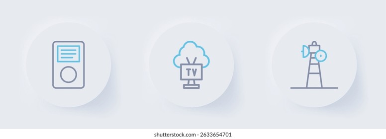 Set line Satellite dish, Smart Tv and Music player icon. Vector