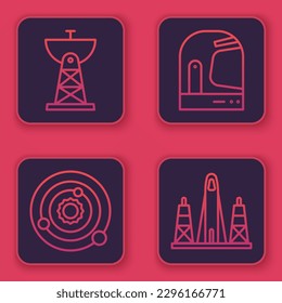 Set line Satellite dish, Solar system, Astronaut helmet and Rocket launch from the spaceport. Blue square button. Vector