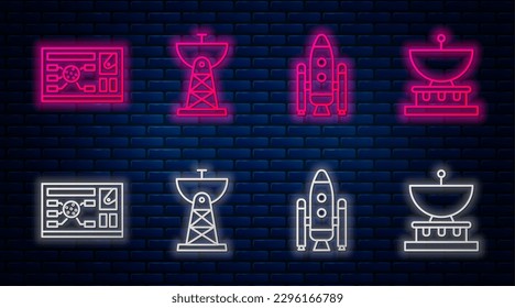 Fijar línea de antena parabólica, lanzadera espacial y cohetes, interfaz de tonalidad futurista y planet Saturn. Icono de neón brillante en la pared de ladrillo. Vector