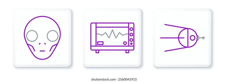 Set line Satellite, Extraterrestrial alien face and Computer monitor with cardiogram icon. Vector