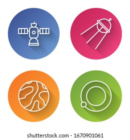 Set line Satellite, Satellite, Falling stars and Satellites orbiting the planet Earth. Color circle button. Vector