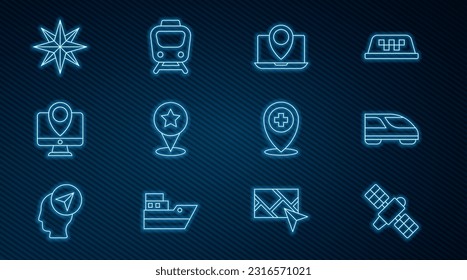 Set line Satellite, High-speed train, Laptop with location marker, Map pointer star, Monitor, Wind rose, Location cross hospital and Train icon. Vector