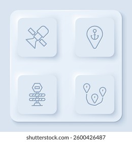 Set line Satellite, Location with anchor, Road barrier and Route location. White square button. Vector