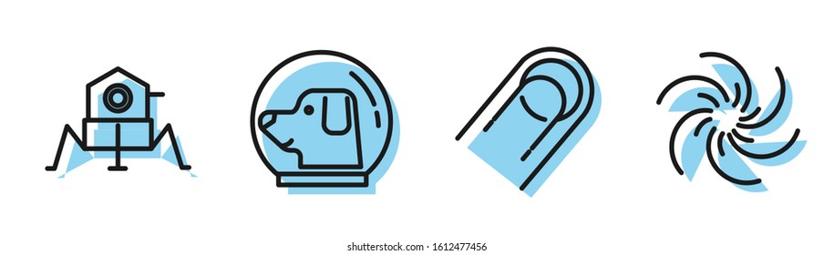 Set line Satellite, Mars rover, Dog in astronaut helmet and Black hole icon. Vector