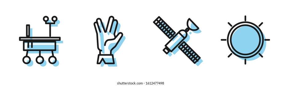 Set Line Satellite, Mars Rover, Vulcan Salute And Sun Icon. Vector