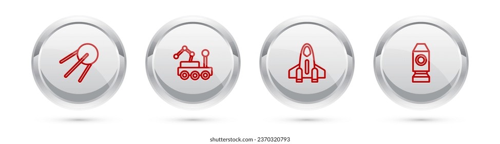 Set line Satellite, Mars rover, Rocket ship and . Silver circle button. Vector