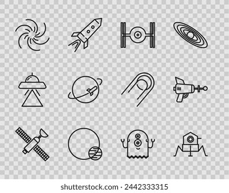 Set line Satellite, Mars rover, Cosmic ship, Planet, Black hole, Alien and Ray gun icon. Vector