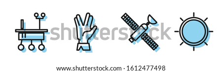 Set line Satellite, Mars rover, Vulcan salute and Sun icon. Vector