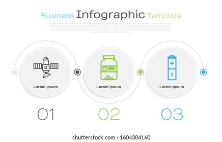 Set line Satellite, Medicine bottle and pills and Battery. Business infographic template. Vector