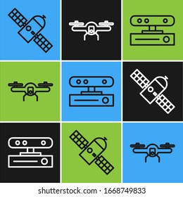 Set line Satellite, Motion sensor and Drone flying icon. Vector