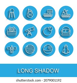 Set line Satellite, Planet, Death star, Rocket ship, Telescope, Astronaut helmet and  icon. Vector