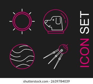 Set line Satellite, Planet, Dog in astronaut helmet and Sun icon. Vector