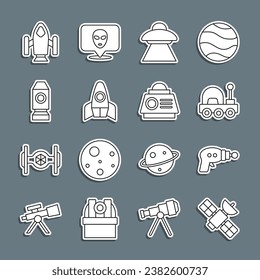 Set line Satellite, Ray gun, Mars rover, UFO flying spaceship, Rocket,  and Space capsule icon. Vector