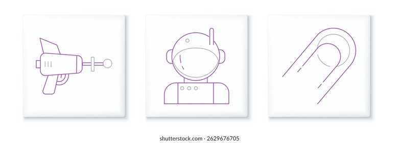 Definir a linha Satélite, Ray gun e ícone Astronauta. Vetor