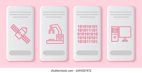 Set line Satellite, Robotic robot arm hand factory, Binary code and Computer monitor. White rectangle button. Vector