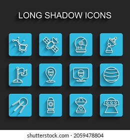Set line Satellite, Rocket ship, Great Bear constellation, Space capsule, UFO flying spaceship, Alien, Planet and  icon. Vector