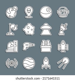 Set line Satellite, Rocket ship, dish, Planet, Asteroid, Moon with flag, Earth globe and UFO flying spaceship icon. Vector
