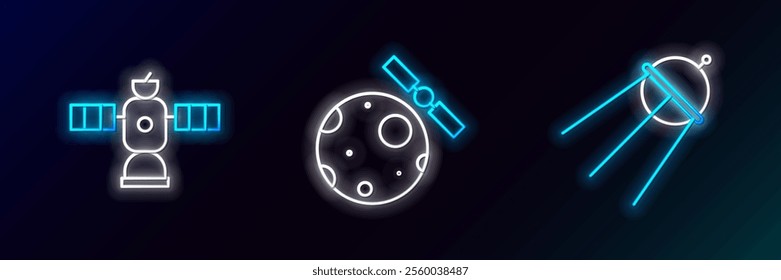 Set line Satellite,  and Satellites orbiting the planet Earth icon. Glowing neon. Vector