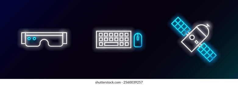 Set line Satellite, Smart glasses and Keyboard and mouse icon. Glowing neon. Vector
