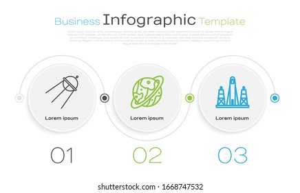 Set line Satellite, Space capsule and parachute and Rocket launch from the spaceport. Business infographic template. Vector
