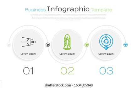 Set line Satellite, Space shuttle and rockets and Solar system. Business infographic template. Vector