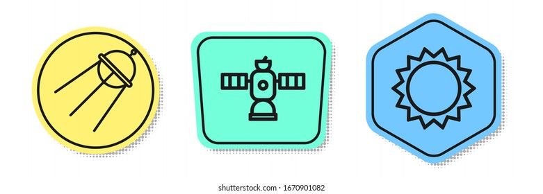 Establecer la línea Satélite, Satélite y Sol. Formas coloreadas. Vector
