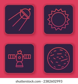Set line Satellite, Satellite, Sun and Planet Mars. Blue square button. Vector