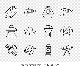 Set line Satellite, Telescope, Space capsule, Planet Saturn, Comet falling down fast, UFO flying spaceship, Rocket and Astronaut helmet icon. Vector